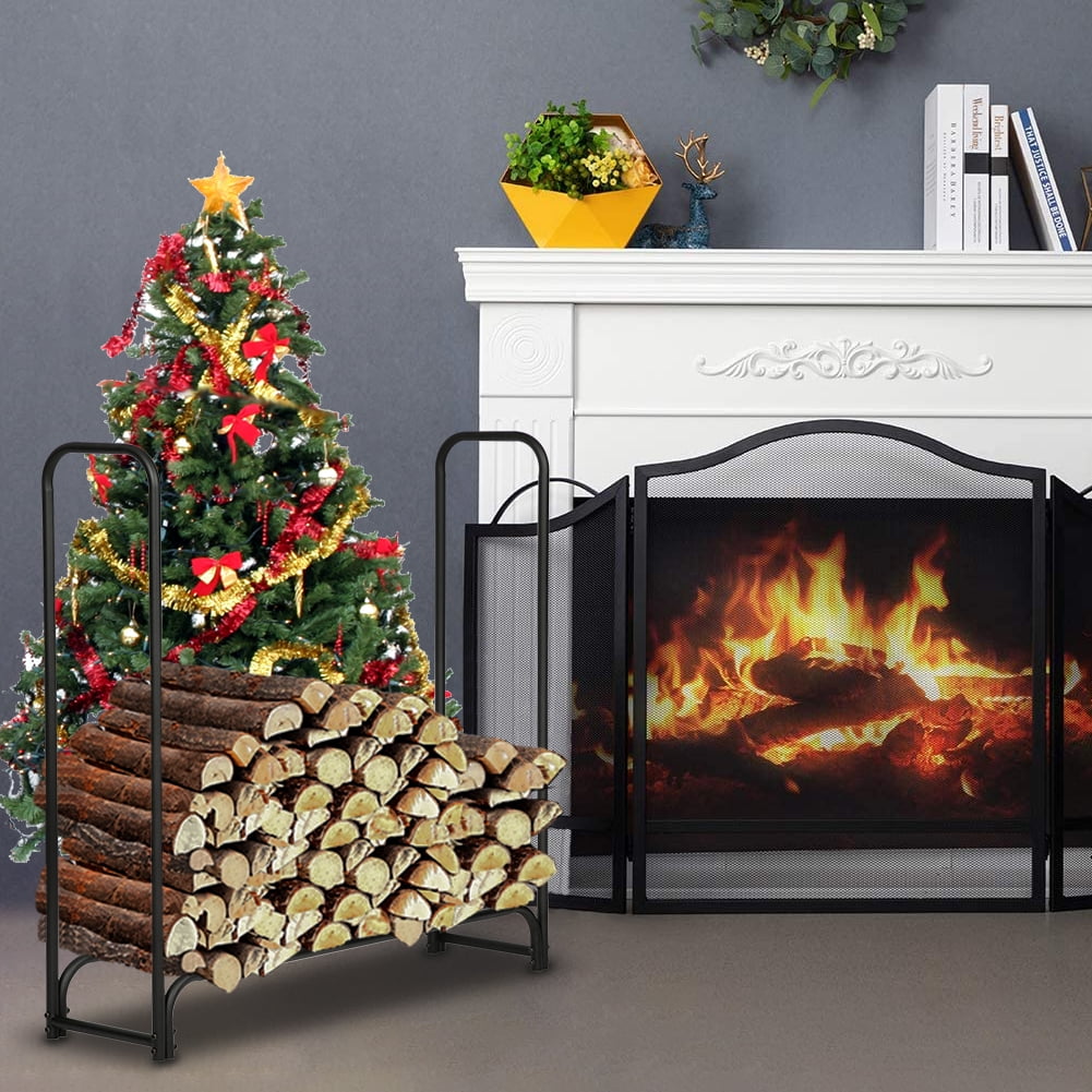 4 Feet Outdoor Iron Fireplace Firewood Stand, Arrow Style Fire Wood Storage Holding Stand, B