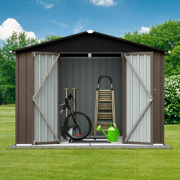 8x6 FT Storage Shed Outdoor Metal Tool Shed Waterproof with Vents Lockable Door for Backyard Patio Garden Lawn, Brown