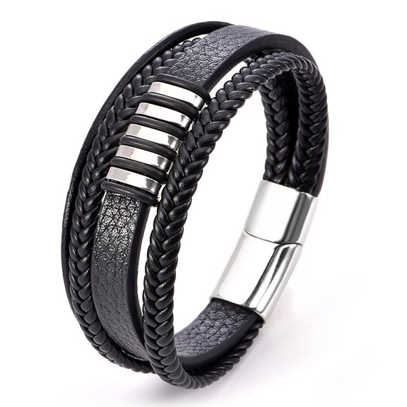 JO WISDOM Men's Stitanium Steel Magnetic Buckle Bracelet, Men's Woven Cuff Bracelet, Leather Bracelet, Bohemian Cuff Bracelet, Handcrafted Patchwork Bracelet, Multi-Layer Men's Bracelet