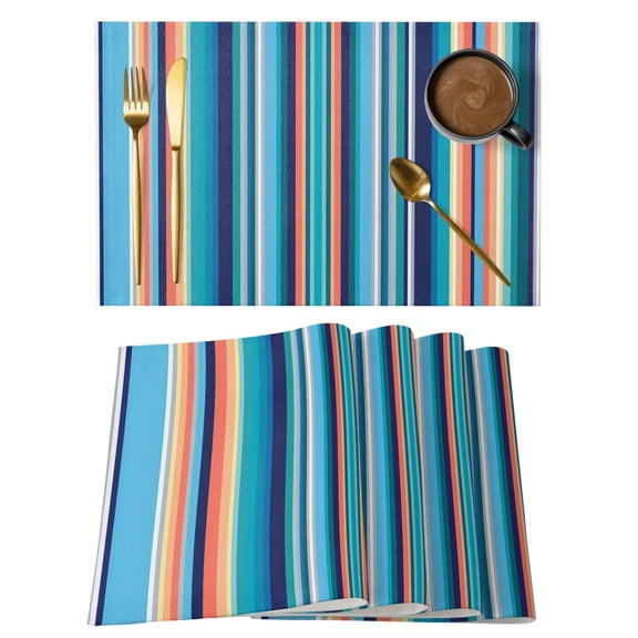 Mexican Style Placemats Set of 4 Colorful Mexico Stripes Light Blue Place Mats Indoor Wipeable Table Mats Washable Cloth Dining Table Placemats for Kitchen Holiday Party Home Decor 13x19 Inch