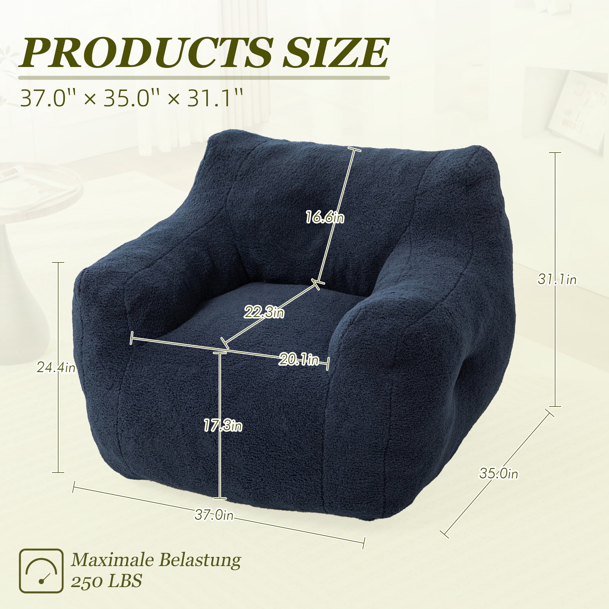 MOONMISS Bean Bag Chair, Bean Bag Sofa Chair with Armrests Stuffed High-Density Foam, Lazy Sofa Comfy Chairs BeanBag Chair for Adults in Living Room,Bedroom Reading,Navy Blue