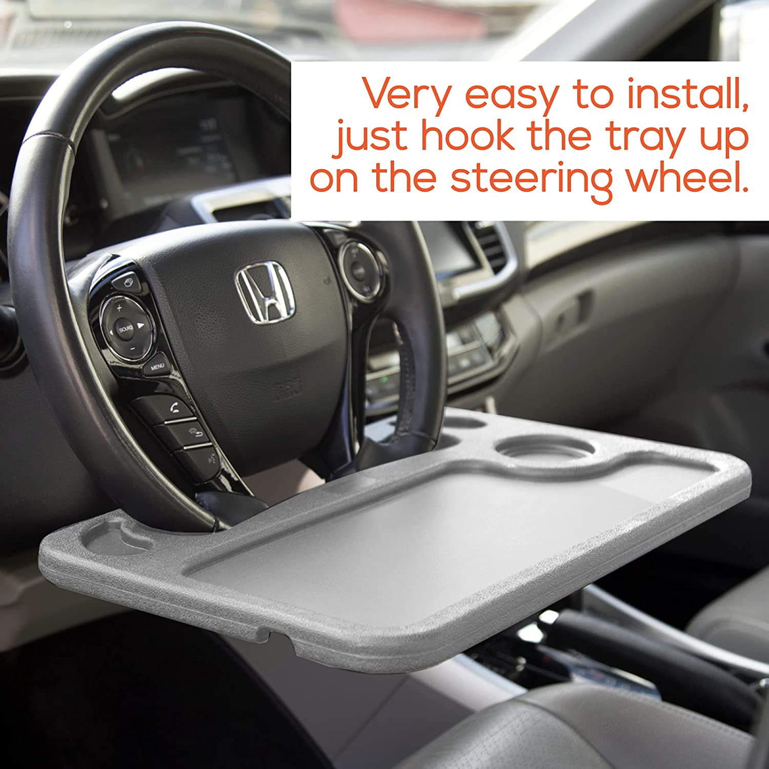 Trobo Steering Wheel Desk, Car Table for Writing, Laptop, Tablet Or iPad with Pen Slot, Food Eating Tray with Cup Holder, Hooks On Most Vehicle Steering Wheels, Car Accessories for Travelers, Grey