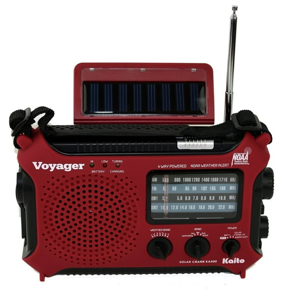 Kaito KA500 Voyager 5-way Powered Emergency AM/FM/SW NOAA Weather Alert Radio with Solar Dynamo Crank Flashlight and Reading Lamp - Red