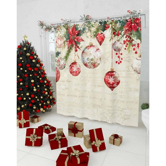 Red Christmas Balls Shower Curtain, Xmas Poinsettia Snowflake Waterproof Washable Boho Funny Cute Shower Curtains Set for Bathroom Farmhouse Bathtubs Decor with Hook, 36"Wx72"L