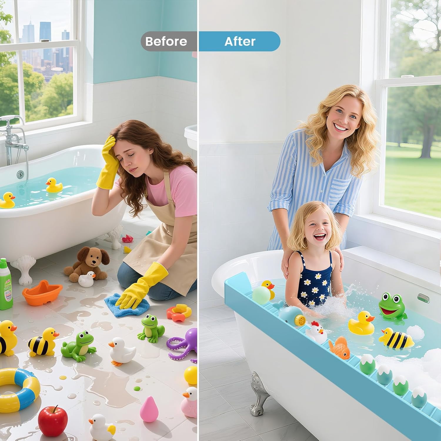 Bathtub Splash Guard with Toy Tray and Strong Suction Cups, Silicone Water Barrier Keeps Floor Dry, Bath Shelf Storage for Baby Toddler Bath Time, Foldable No Mess Accessory for Tub