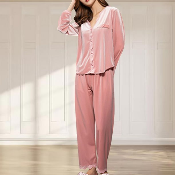 Besolor Soft Pajamas Sets Velvet Pjs Set for Women Velour Long Sleeve Button down Lace Trim Shirts and Pants Sleepwear Walmart