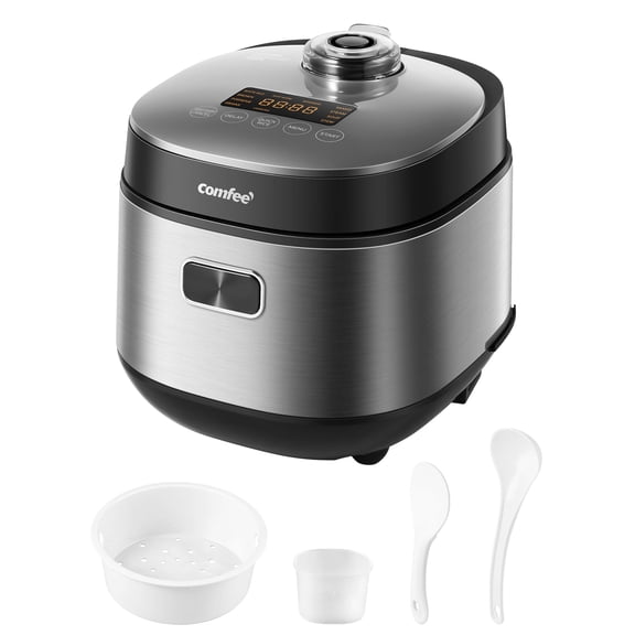 COMFEE' Compact Rice Cooker 8 Cups Cooked/4 Cups Uncooked, 9-in-1 Multi Cooker, Fast Rice Maker, Steam, Brown Rice, Grains, Fuzzy Logic Technology, Grey