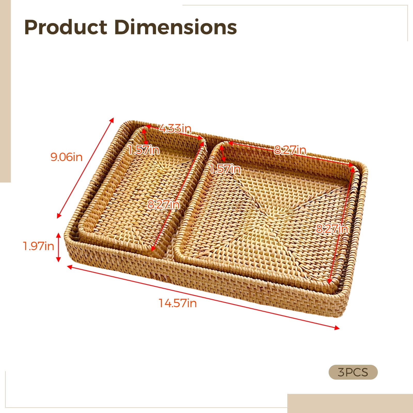 3PCS Storage Organizer Baskets Wicker, Rattan Storage Basket, Rattan Serving Tray, Multi-Use Rectangular Rattan Baskets for Storage, Handmade