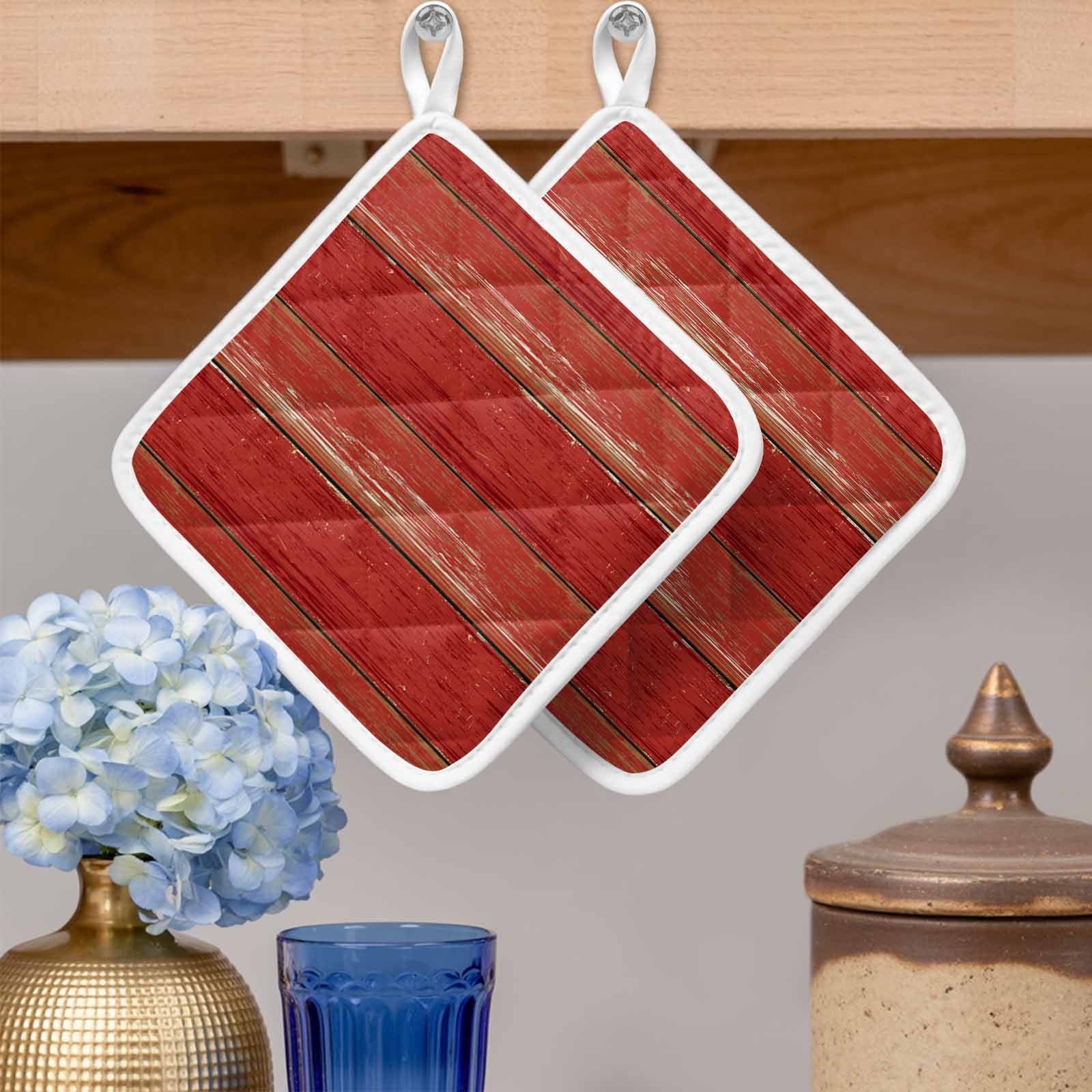Red Wood Grain Pot Holders for Kitchen Heatproof Potholder, 2 Pack Farmhouse Vintage Wooden Rustic Planks Hot Pads Multipurpose Oven Pads Cloth Potholders Trivet for Cooking and Baking