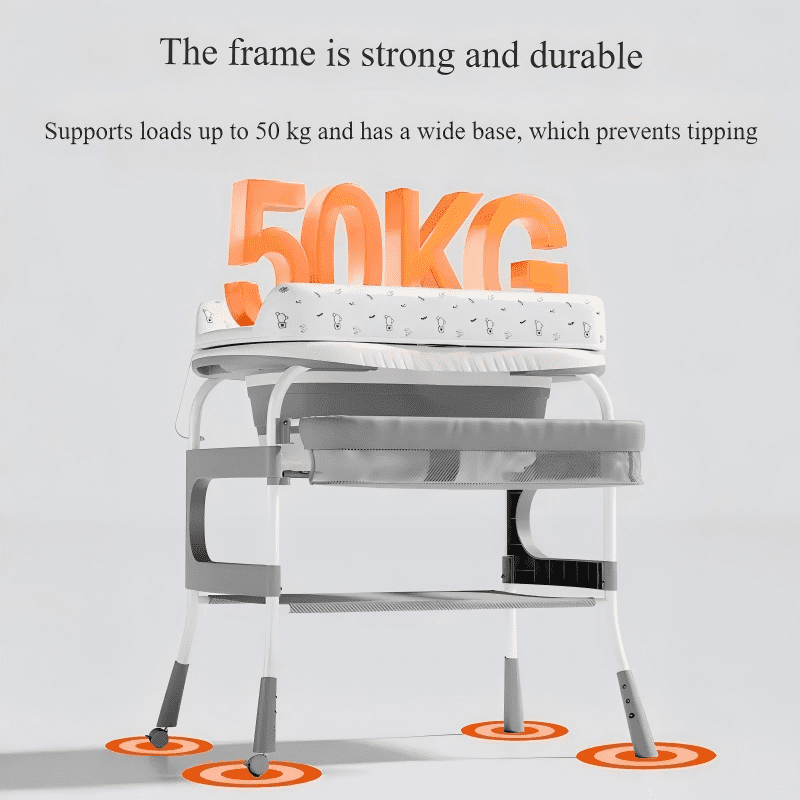 2-in-1 Baby Changing Table with Bathtub, Adjustable Height Diaper Station with Built-in Thermometer, Safety Strap & Storage Baskets, 50KG Load Nursery Organizer with Wheels for Newborns