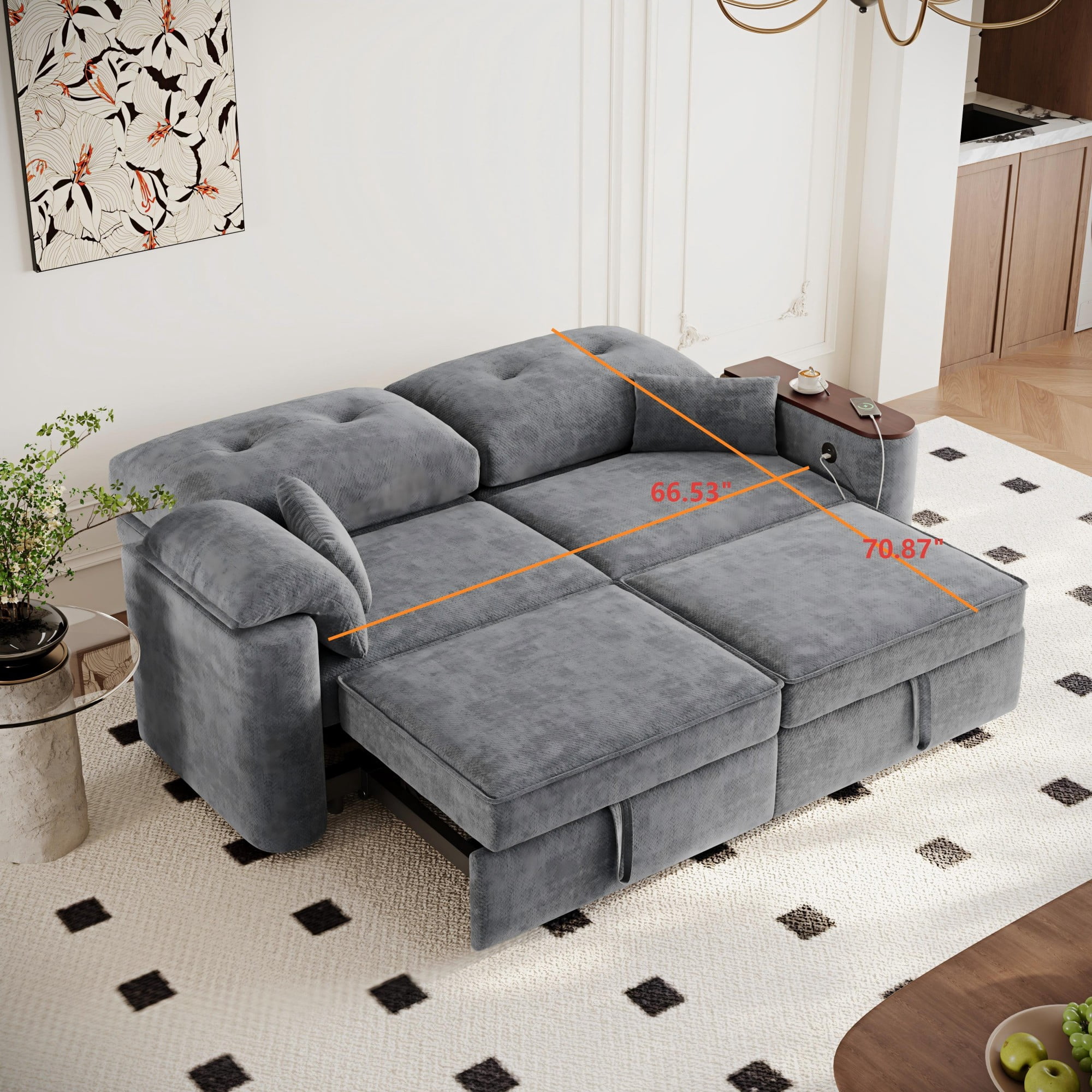 DEALTOPS 82" Chenille 3-in-1 Convertible Sleeper Sofa Bed with 270° Swivel Table & USB Ports, Gray
