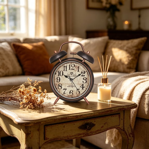 Vintage Double Chime Alarm Clock, Silent Non Ticking Metal Desk Clock with Loud Alarm for Heavy Sleepers Bedroom Office Home Decor