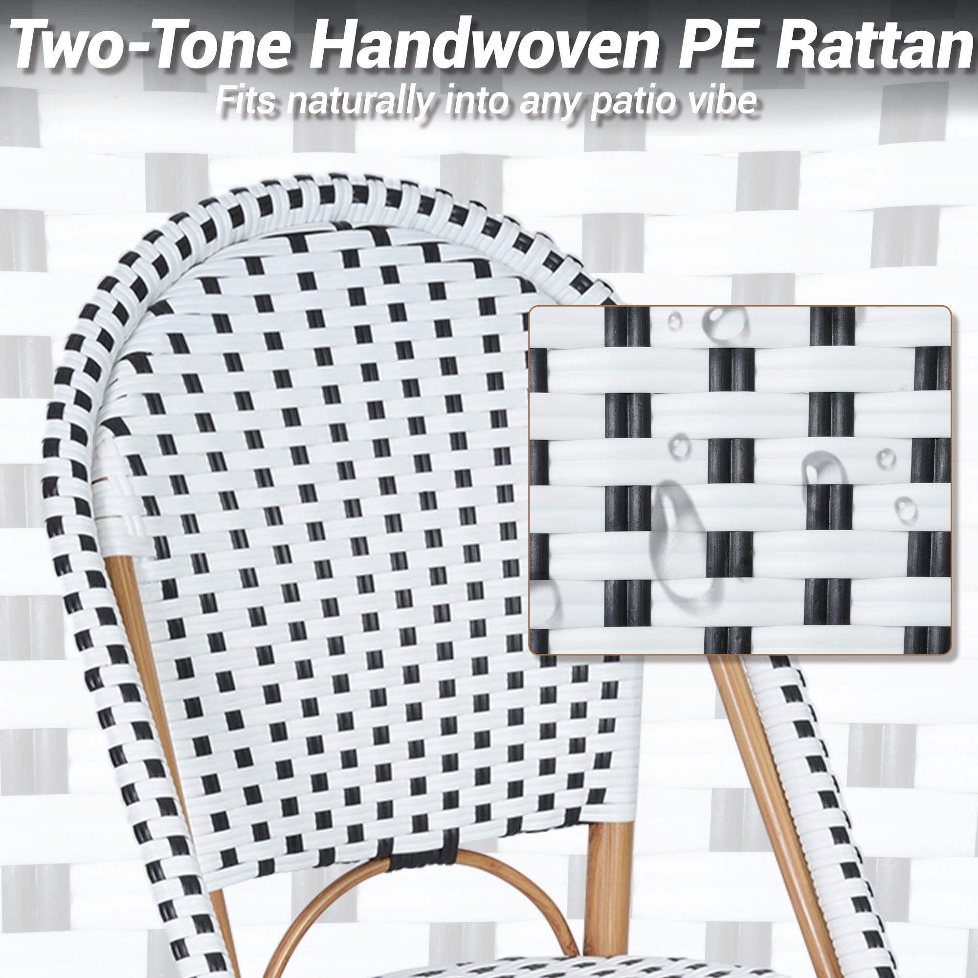 DELMANGO 2-Piece Wicker Outdoor French Bistro Chairs, Armless Patio Chairs, Stackable Dining Chairs with Metal Frame, White/Black