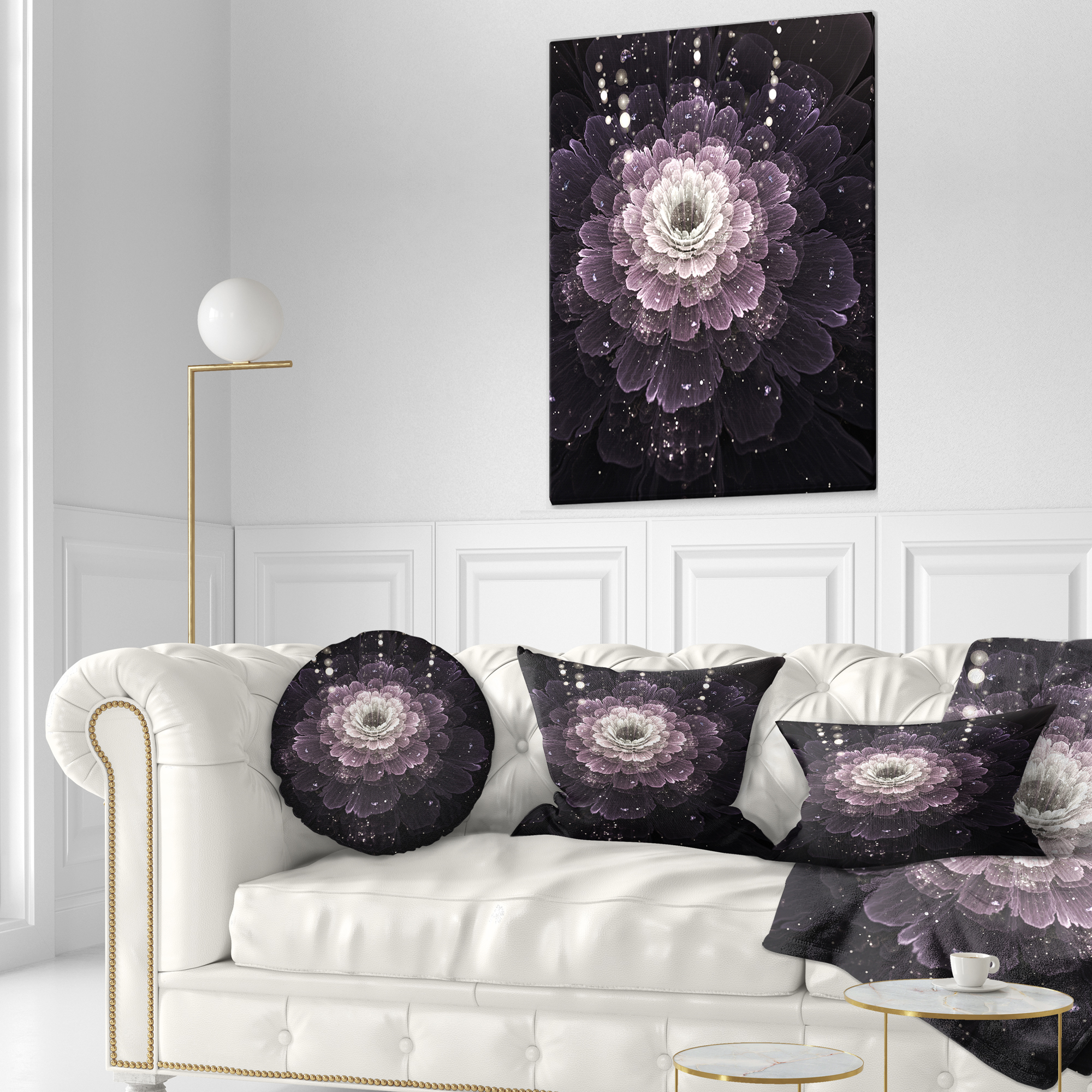 Designart Black Flower with Silver Details - Floral Throw Pillow - 12x20