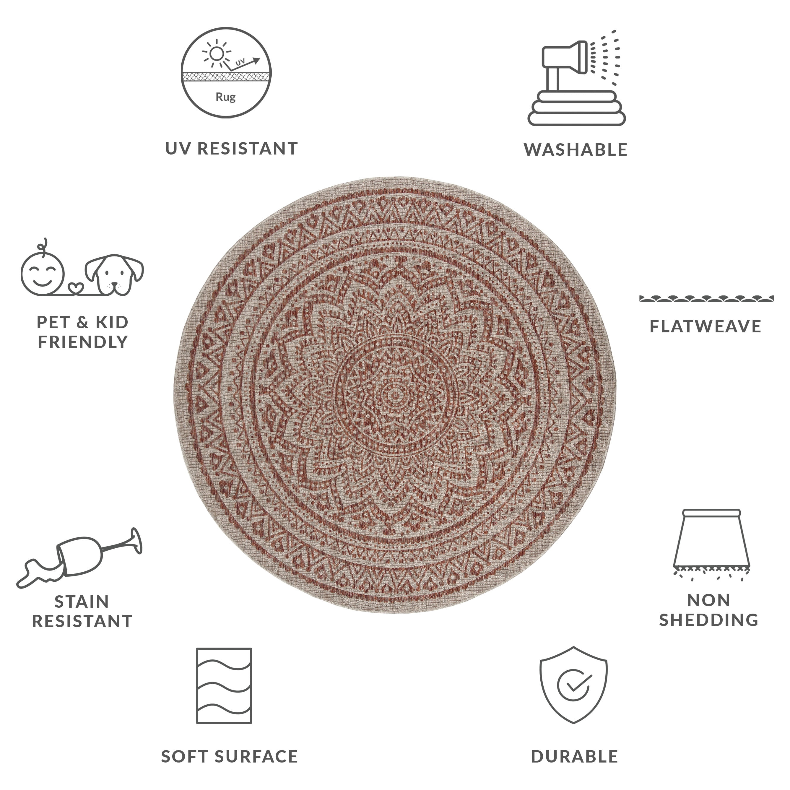 SAFAVIEH Courtyard Josiah Floral Medallion Indoor/Outdoor Area Rug, 5'3" x 5'3" Round, Light Beige/Terracotta