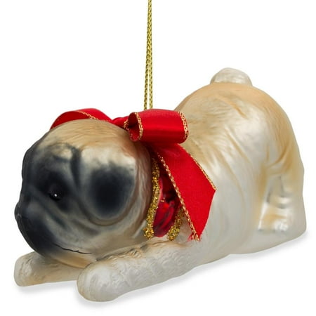 Pug Christmas Ornament - Pug Dog with Bow Blown Glass Christmas Ornament 3.75 Inches Long