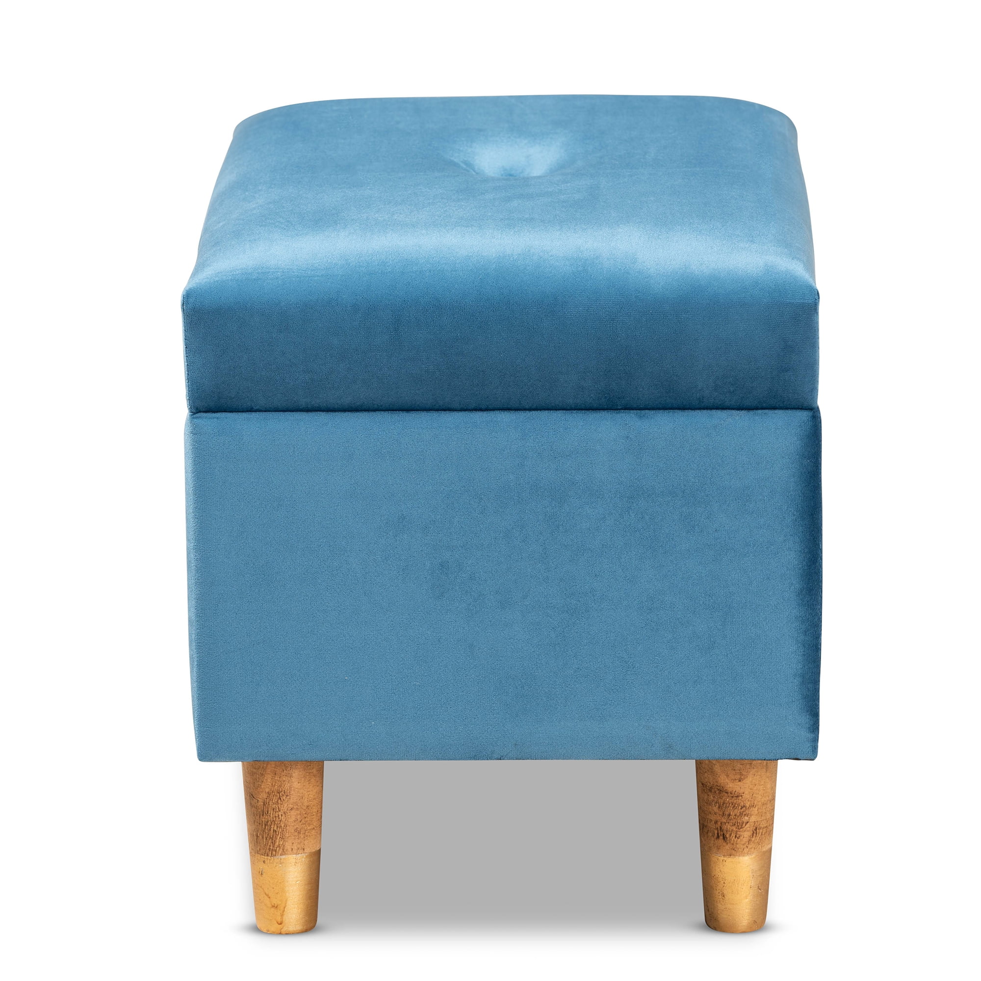 Baxton Studio Elias Modern and Contemporary Sky Blue Velvet Fabric Upholstered and Oak Brown Finished Wood Storage Ottoman