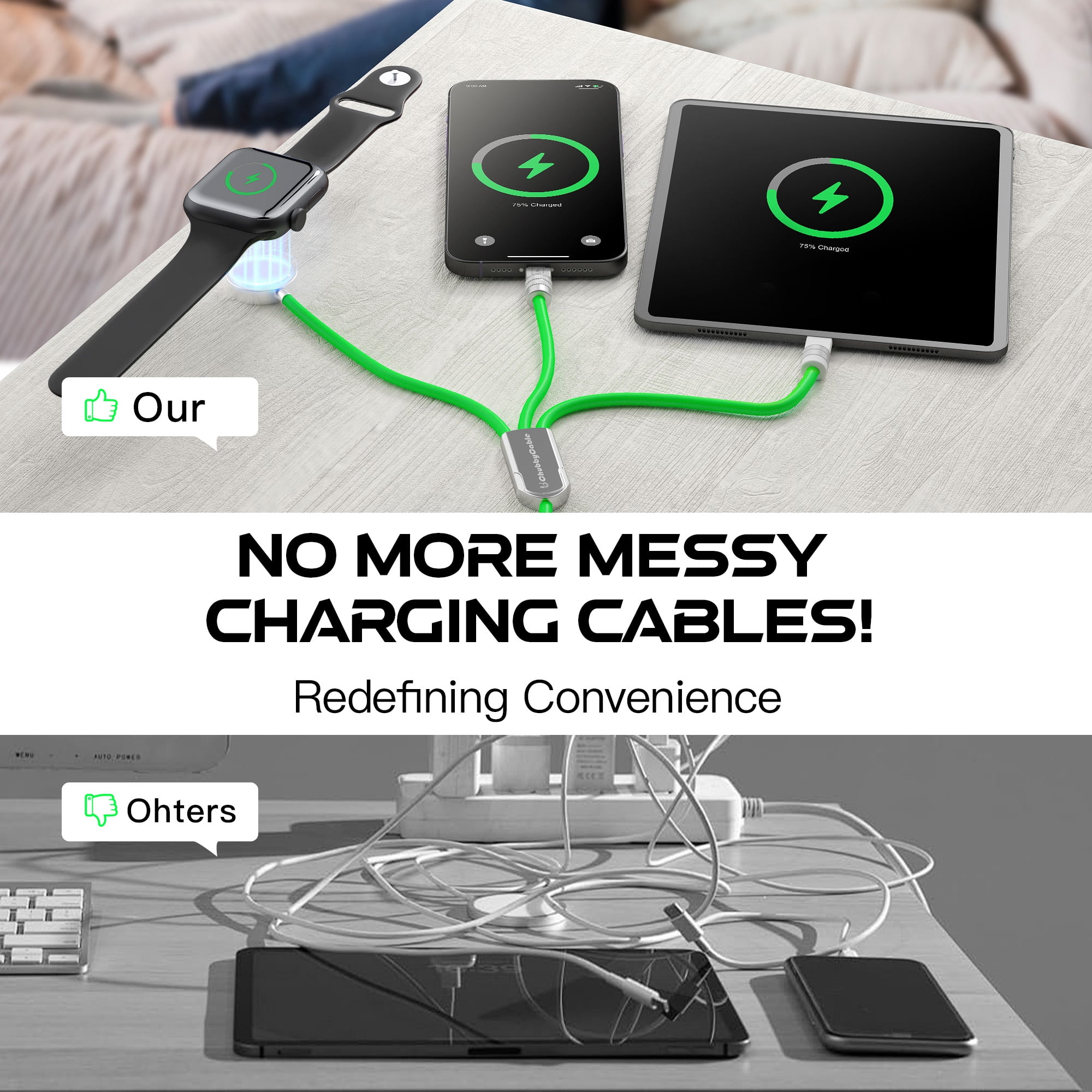 Chubby Cable Tri-Flex USB C Cable for Apple Watch Charger 3 in 1 Multi Fast Charging Cord Compatible with iWatch iPhone 16/15 ,Black, 4.1FT
