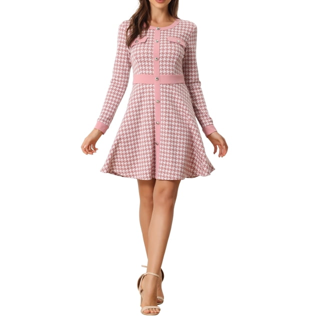 INSPIRE CHIC Women's Dress Houndstooth Plaid Crew Neck Button Front Elegant A-Line Dress L Pink