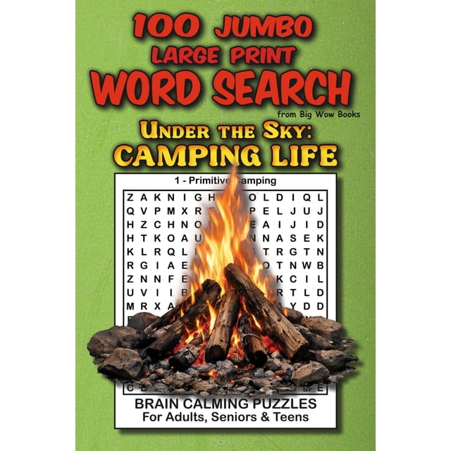 Libro de sopas de letras de gran formato sobre la vida de camping