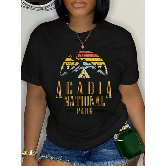 100% Cotton Vintage Acadia National Park Campfire Mountains Retro T Shi T-Shirt Women's Graphic Tee Casual Tops