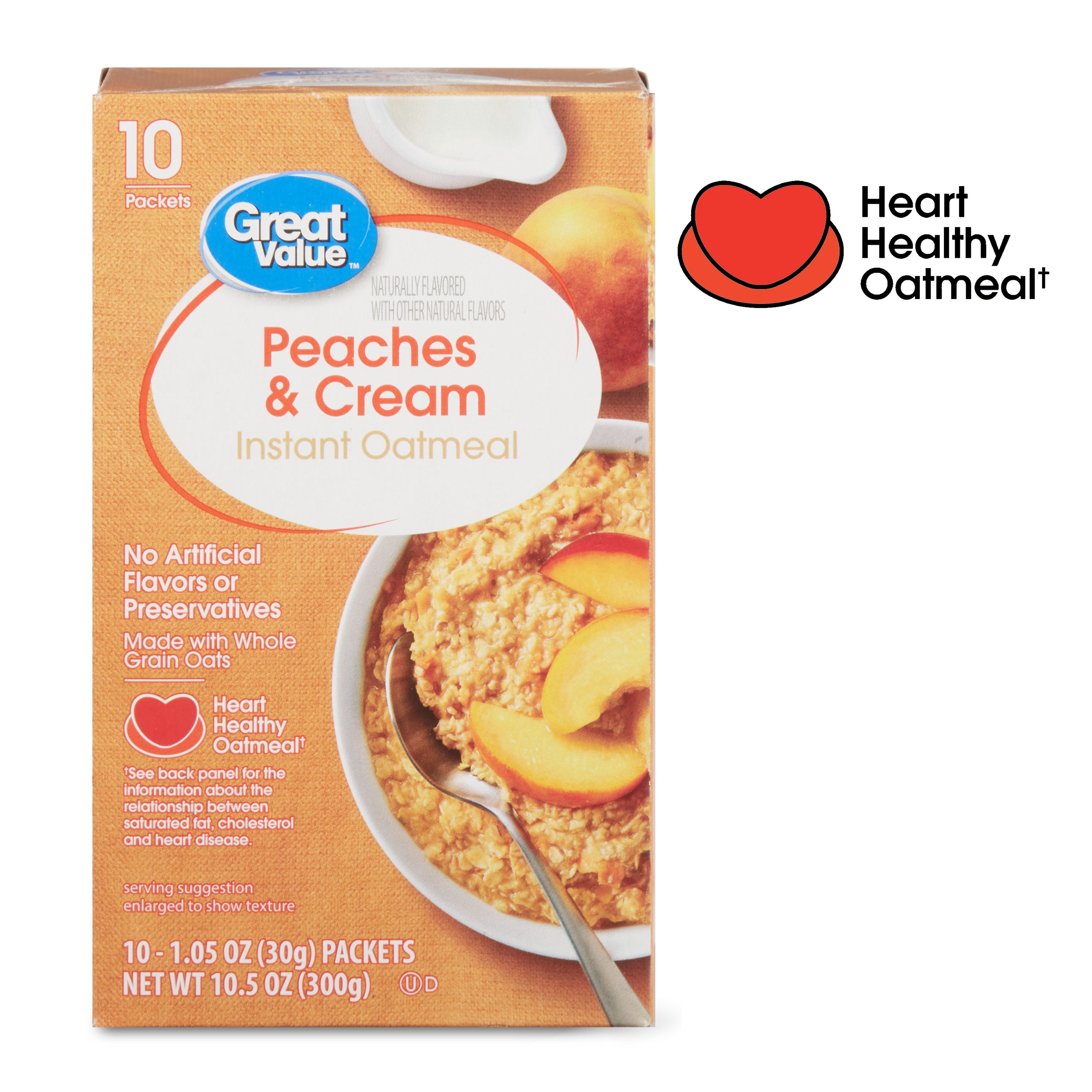 Great Value Peaches & Cream Flavor Instant Oatmeal, 1.23 oz, 10 Packets