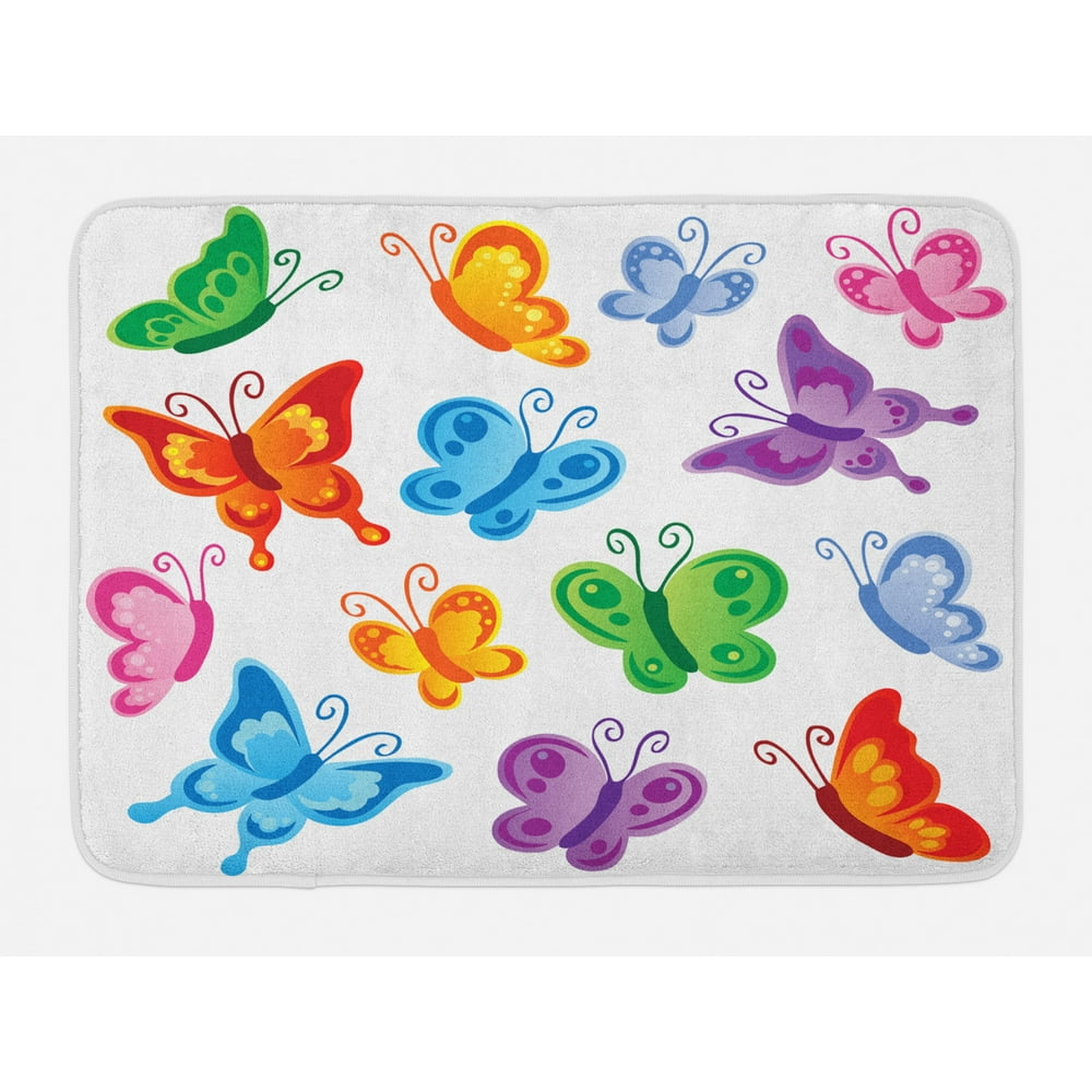 Butterfly Bath Mat, Colorful Butterfly Collection Print Cute Ornate