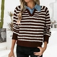 thumbnail image 2 of Womens Striped Sweater Knit Lapel Collar Long Sleeve Layered Pull over Sweaters Comfy Denim Winter Top (L, Wine), 2 of 8