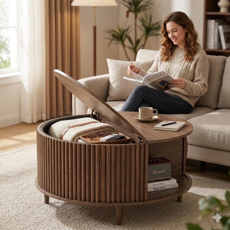 Kelno 31" Coffee Table Round Coffee Tables with Storage Mid Century Rustic Wood Desktop with Hidden Compartment Sliding Cabinet Door, Walnut