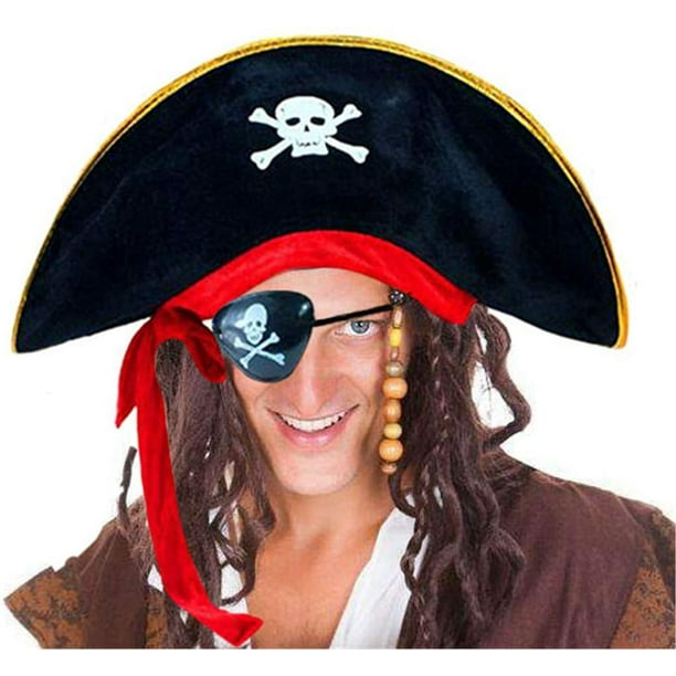 Lucoss 2 Pieces Pirate Hat Classic Skull Print Pirate Captain Costume Cap For Halloween Masquerade Party Cosplay Hat Prop