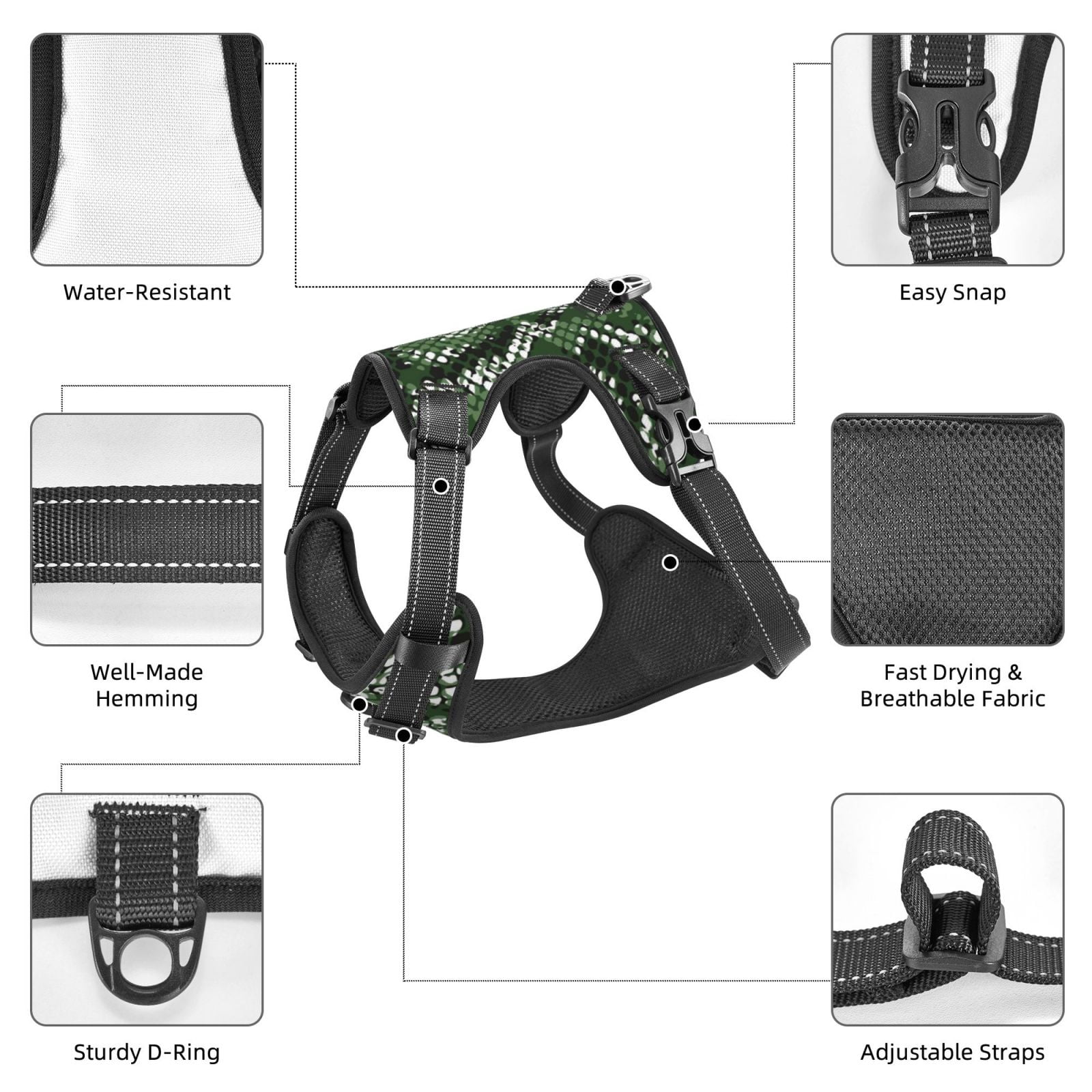 Fuzoiu Green Snakeskin Print Reflective Dog Harness,Adjustable, Breathable Pet Vest,Dog Harness No Pull,No Choke Pet Vest for Small, Medium, and Large Dogs-Small