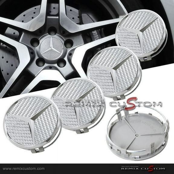 Jdmotive 75mm Wheel Covers ABS Aluminum Carbon Silver fits Mercedes, 4 Pack