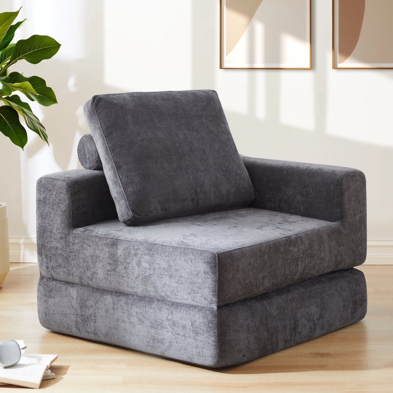 Jamdok L-Shaped Convertible Sofa Bed With Armrest & Pillow – Foldable Floor Mattress For Small Spaces, Dark Grey