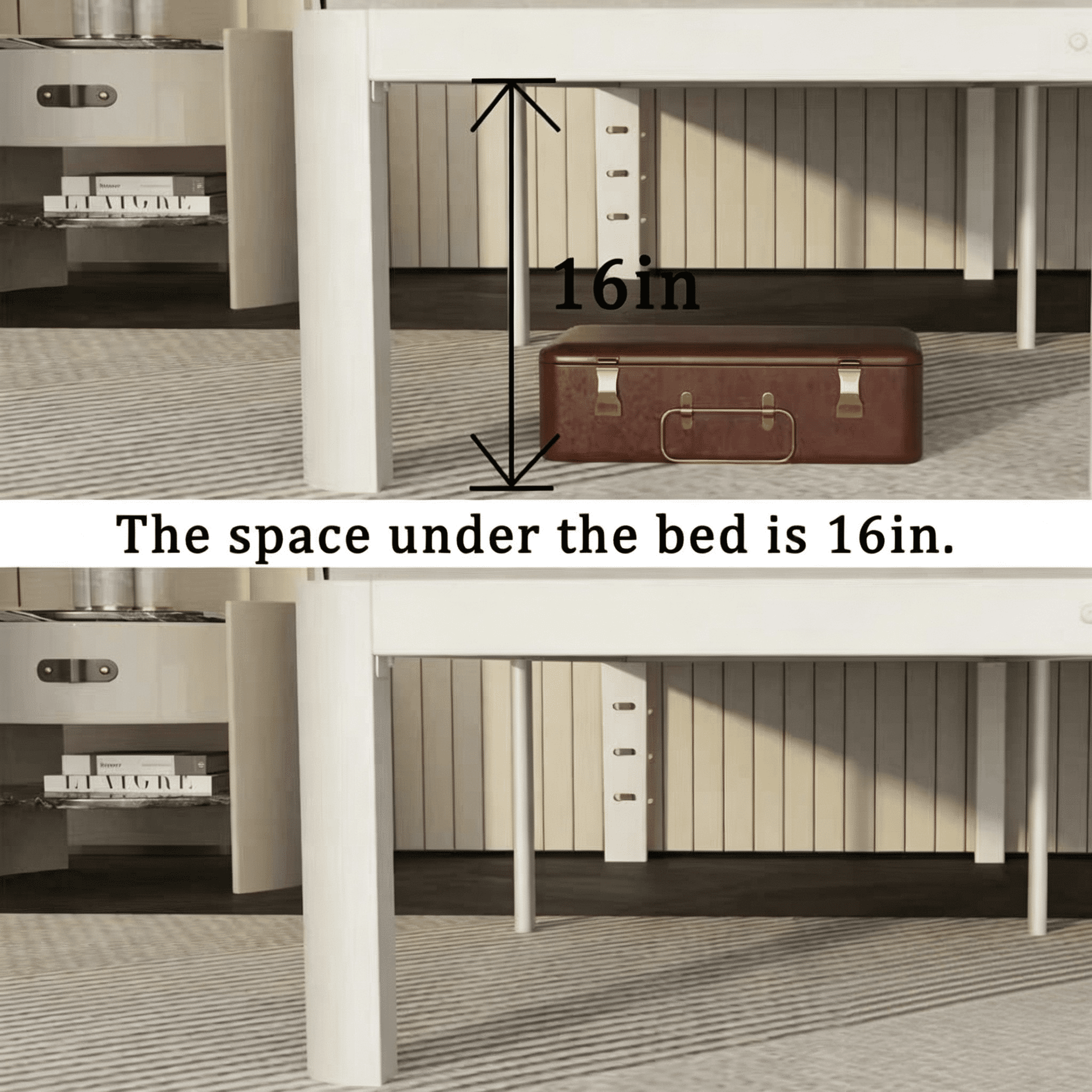 VHAHA White Bed Frame Queen Size 16 Inch, Metal Queen Bed Frame No Box Spring Needed, Heavy Duty Steel Support 3500 LBS, DIY Headboard, Noiseless, Round Corner Legs, Storage Space, Easy Assembly