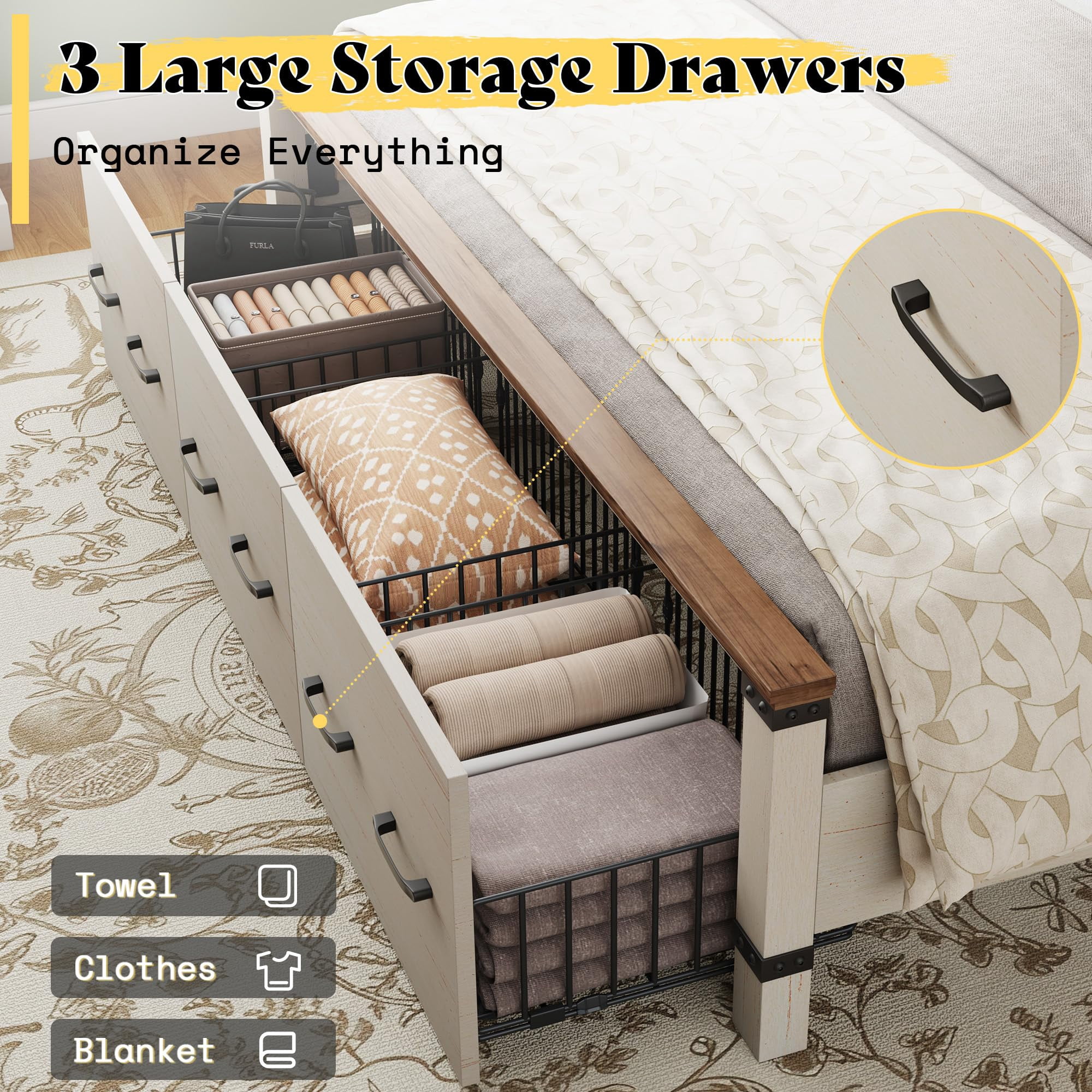 PLAUIN Farmhouse King Size Bed Frame, Rustic Wood Platform with Footboard & Wood Slats, White