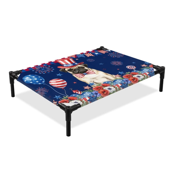 Independence Day Elevated Dog Bed, Cartoon Pug Dog Cute Puppy Colorful Poppy Cooling Breathable Outdoor Raised Dog Cot Bed with Metal Frame Non-Slip Feet for Medium Dog 24x20in