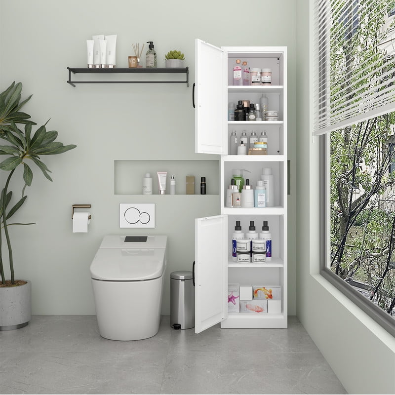 67" Tall Storage Cabinet, Bathroom Linen Tower with Reversible Doors, Freestanding Steel File Cabinet with Adjustable Shelves