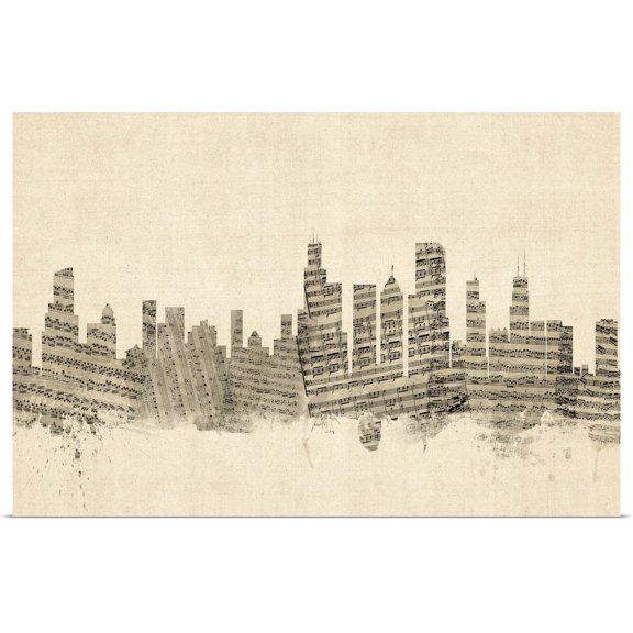 Great BIG Canvas | Rolled Michael Tompsett Poster Print entitled Chicago Illinois Skyline Sheet Music Cityscape