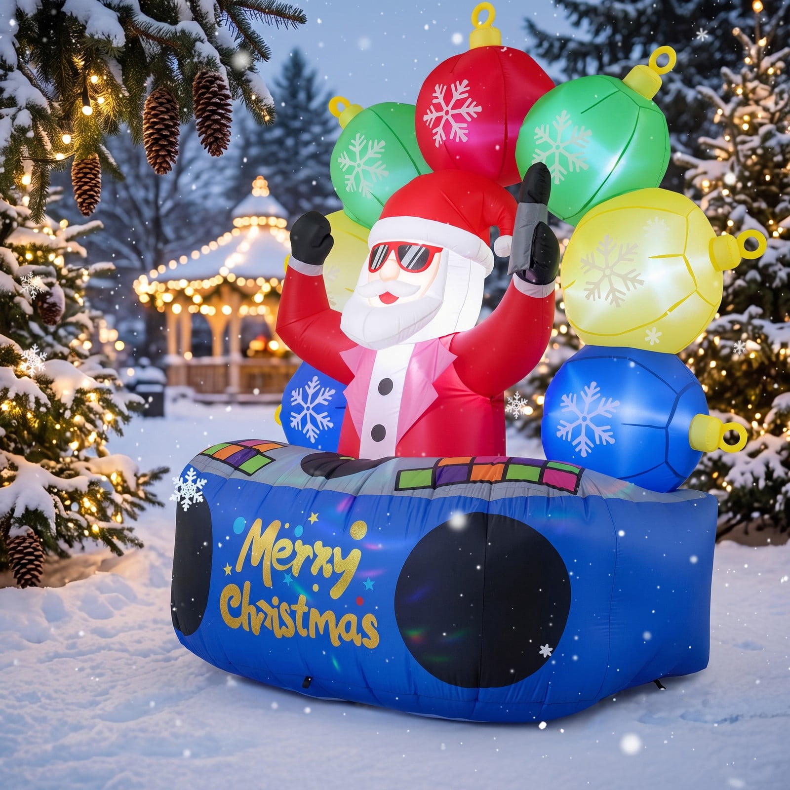 RUIE 6 FT Inflatable DJ Santa Claus with Rotating Music Light and Flashing RGB LEDs, Blow Up Christmas Yard Decoration for Outdoor Lawn Garden Holiday, Multi-Color