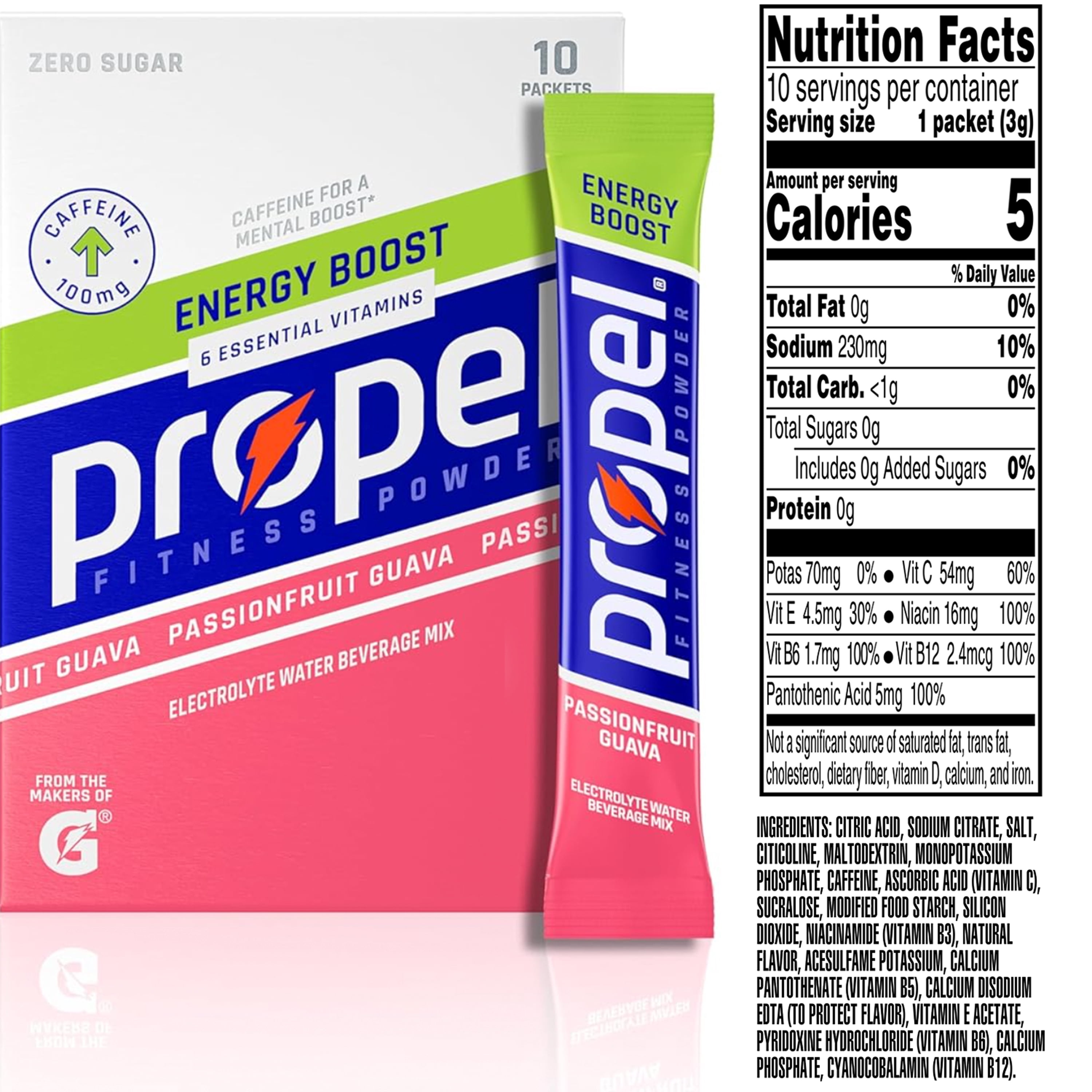 (3 pack) Propel Electrolyte Enhanced Water Drink Mix Powder Packets, Passionfruit Guava, Zero Calorie & Zero Sugar Hydration with Electrolytes and Vitamins C & E, (10 Packets)