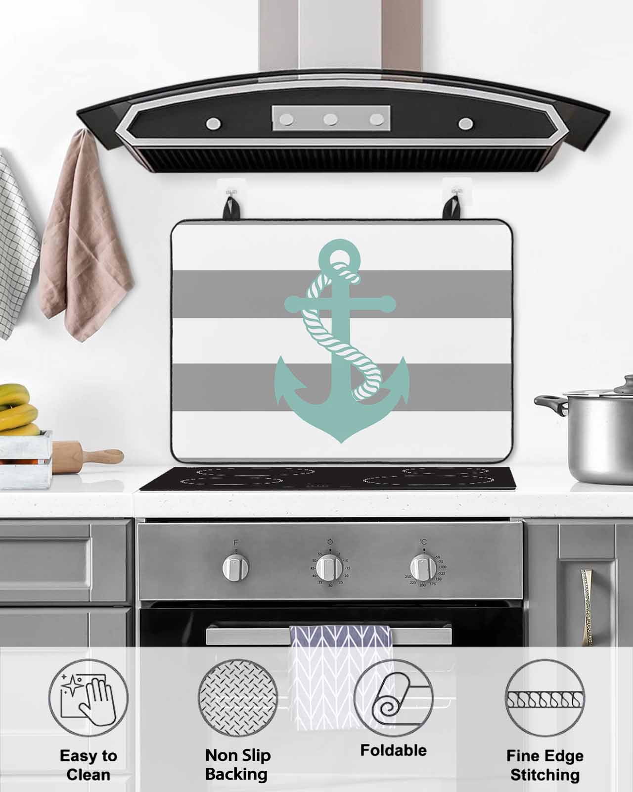 nqOlkjepod Large Induction Cooktop Protector Mat 24"x21", Gray Stripe Nautical Stove Top Covers for Electric Stove, Turquoise Anchor Summer Coastal Stove Burner Cover Mats, Glass Top Stove Cover