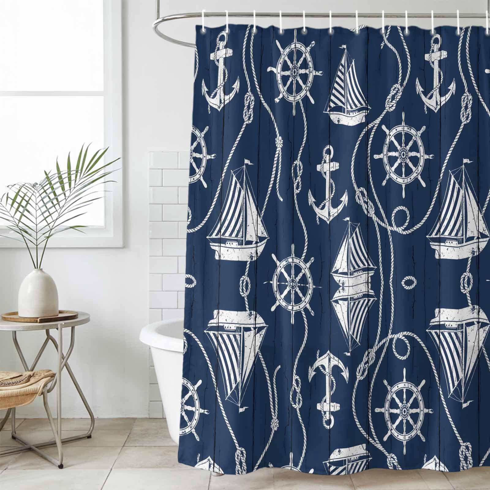 Shower Curtain Bathroom Set Coastal Sailboat Compass Anchor Waterproof Fabric Shower Curtains with Grommets&Hooks, Nautical Theme Navy Blue Wood Privacy Bath Curtain for Bathtub 72x72in