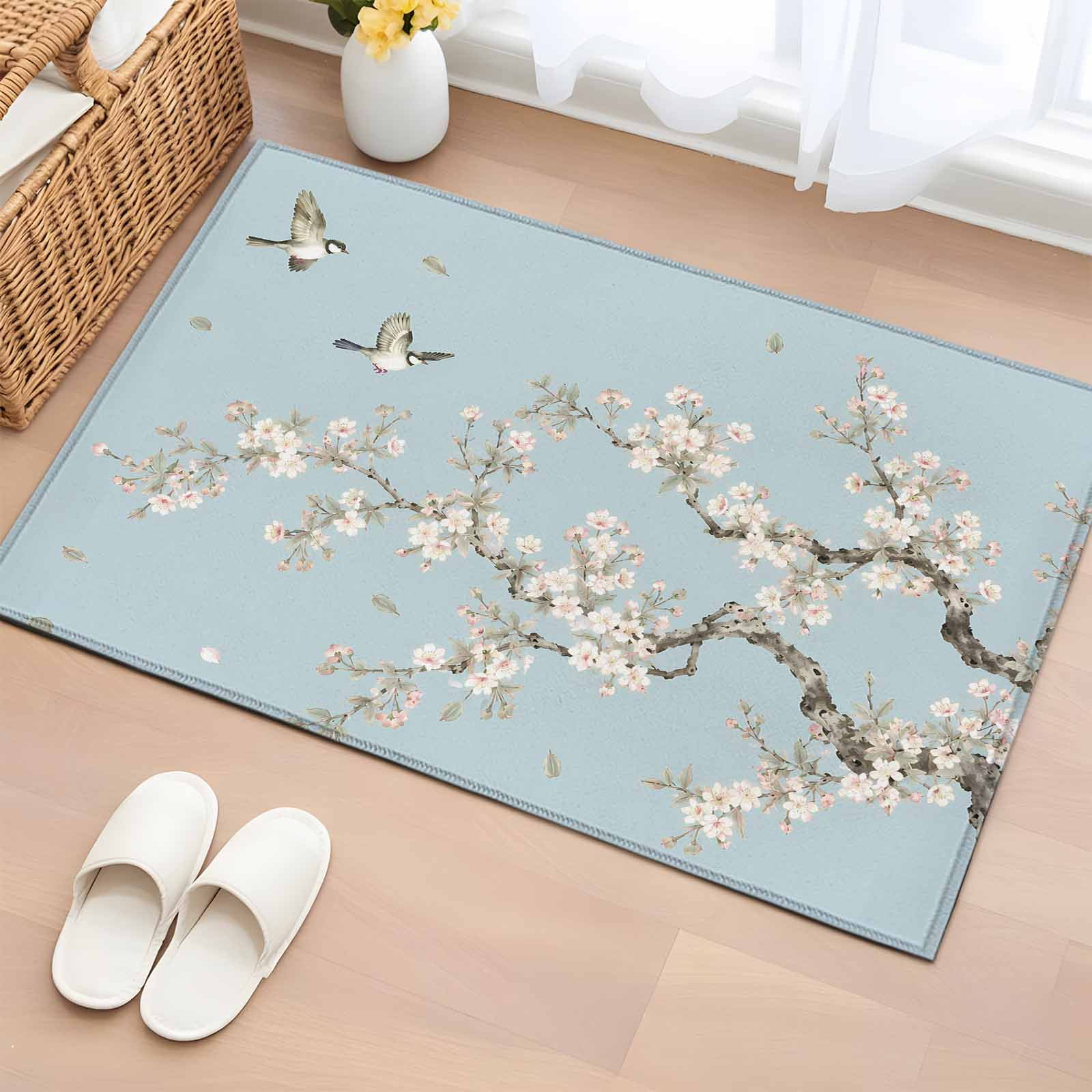 Rectangle Rug 2x3ft Area Rug Pastoral Flower Bird Area Rugs for Living Room Bedroom Chinese Blossom Cherry Plant on Blue Floor Mat Non-Slip Non-Shedding Carpet Indoor Accent Rugs