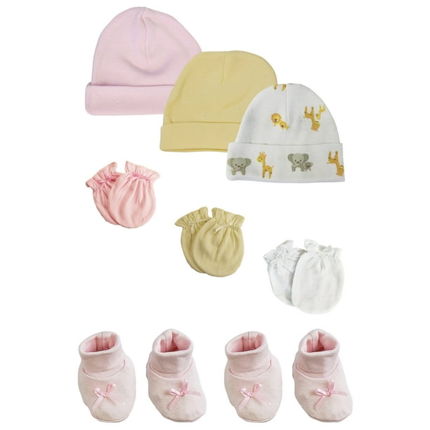 Preemie Baby Girl Caps with Infant Mittens and Booties 8 Pack
