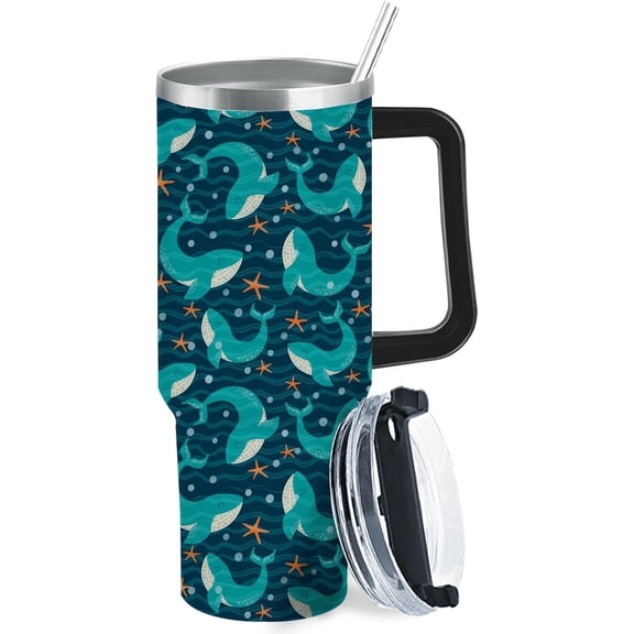 Cute Whales Ocean 40oz Tumbler With Handle Gifts For Coworkers Slim Tumbler With Lid And Straw For School