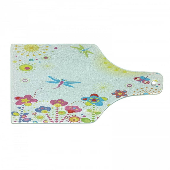 Dragonfly Cutting Board, Summer Themed Floral Backdrop with Sun Rays Colorful Dandelions Happiness Graphic, Tempered Glass Cutting and Serving Board, Wine Bottle Shape, Multicolor, by Ambesonne