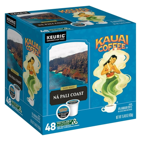 Kauai Coffee K-Cup Pods for Keurig Brewers – Arabica Coffee, 10% Hawaiian – Dark Roast, Nutty with Sweet Chocolate Overtones – Na Pali Coast, 1 Pack of 48 Single Serve K-Cups