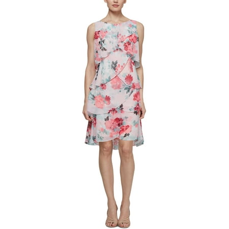 - SLNY Womens Pink Floral Tiered Chiffon Sleeveless Jewel Neck Knee Length Evening Dress Size: S