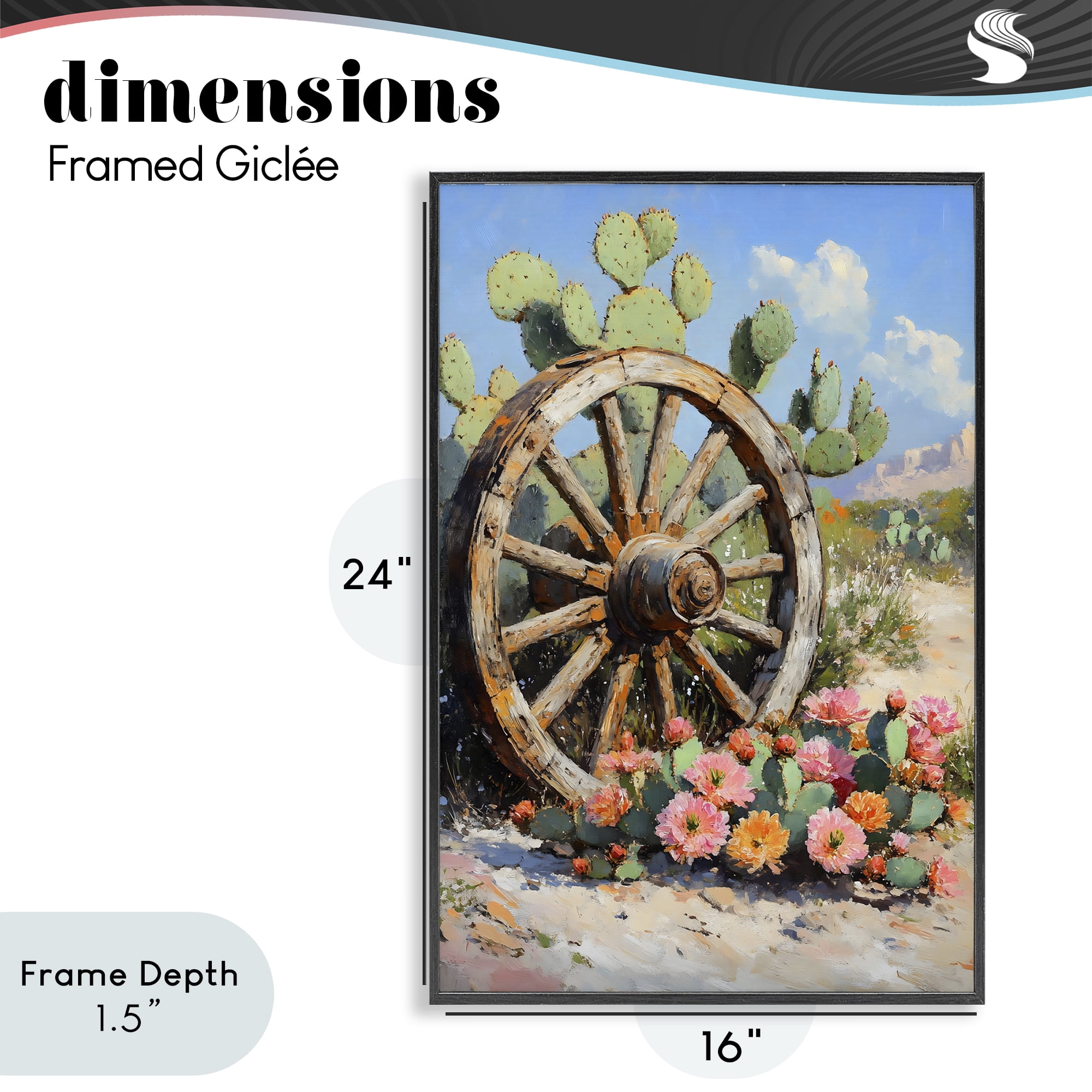 Stupell Industries Wagon Wheel Among Cactus Black Framed Giclee Art, design by Franklyn Gregory