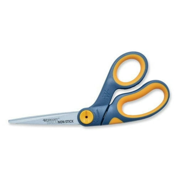 Westcott Non-Stick Titanium Bonded Scissors, 8" Long, 3.25" Cut Length, Gray/Yellow Bent Handle